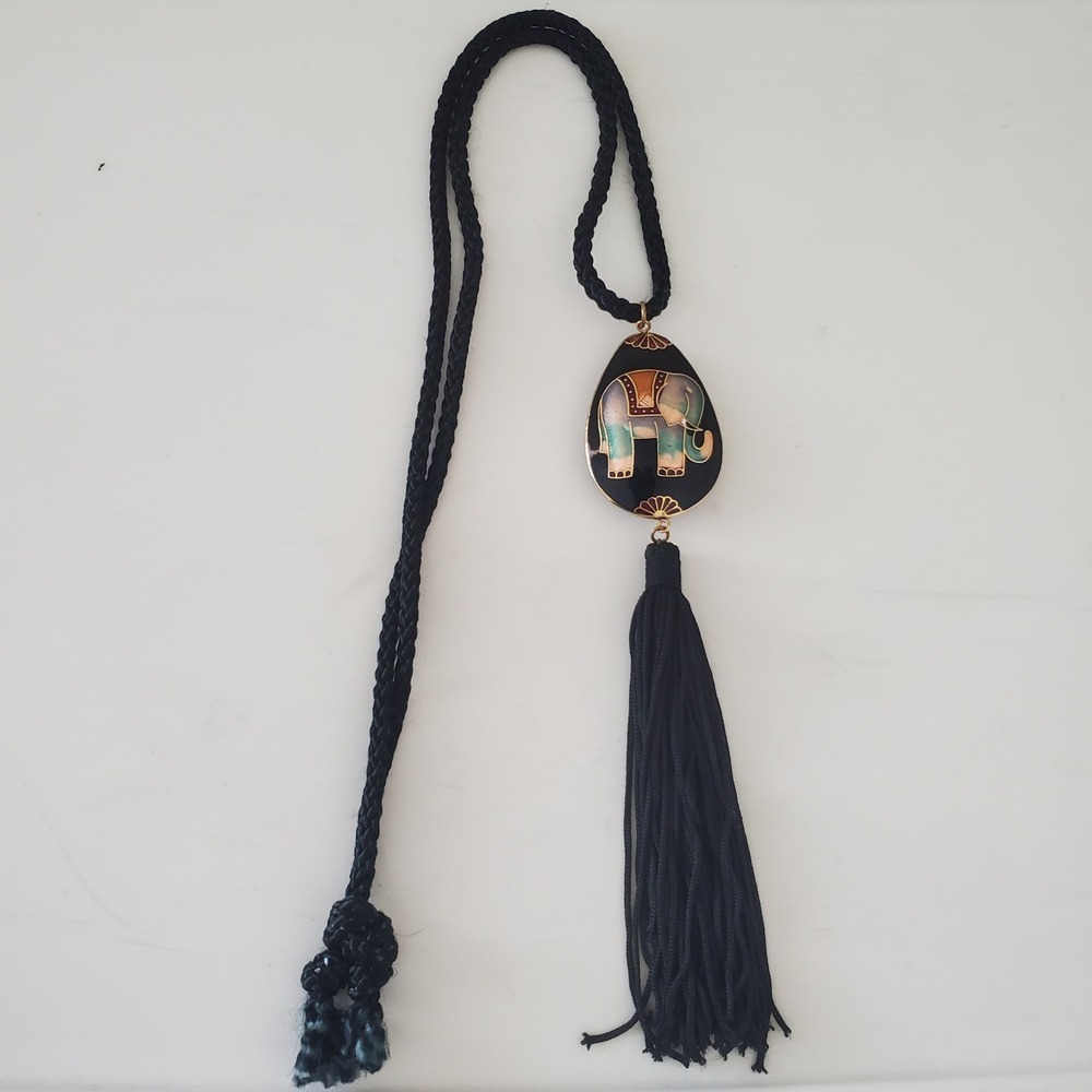 Vintage Cloisonne Elephant Tassel Necklace Black Enamel BraidedCord Boho Pendant